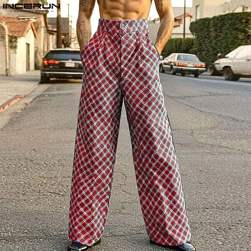 INCERUN American Style Trousers Fashion New Men Diamond Grid Print High Waist Design Pantalons Casual Streetwear Male Long Pants