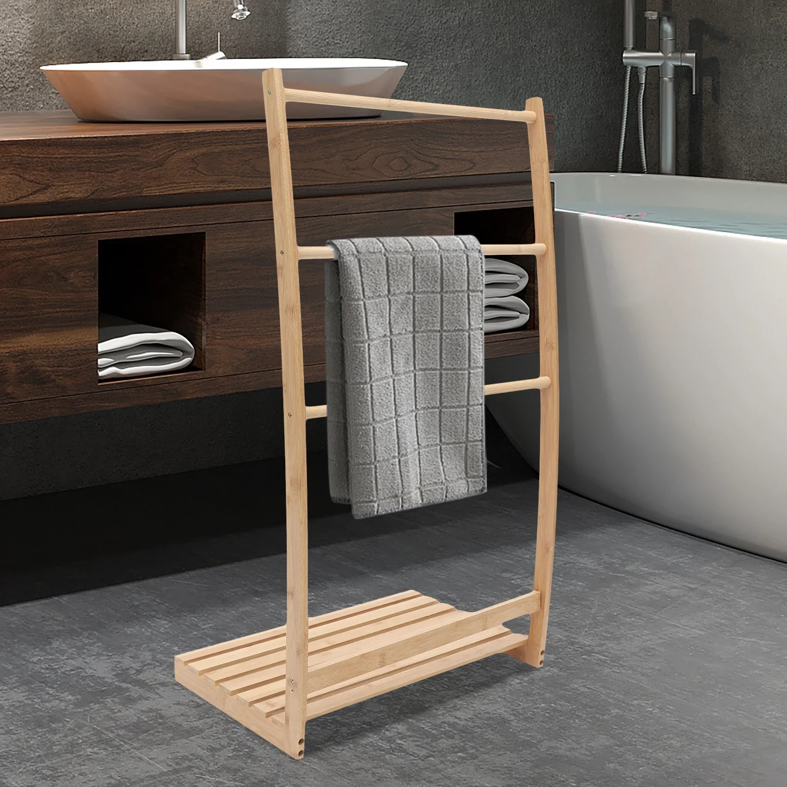 

3-Tier Freestanding Towel Drying Rack Bamboo Bathroom Laundry Storage Rack Moisture-Resistant Suitable for Hotels and Homes