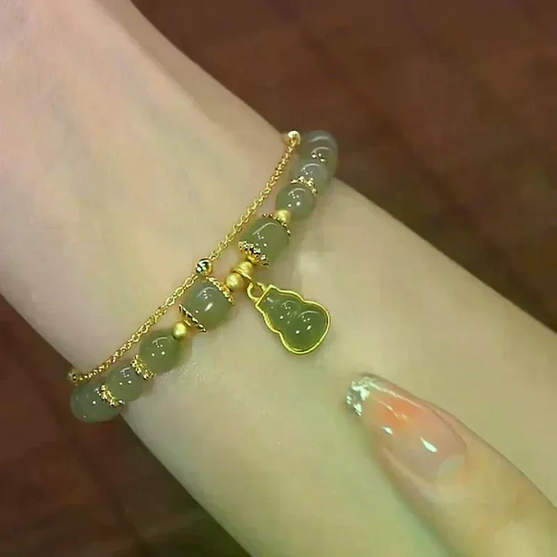 Chinese Style Imitation Jade Gourd Pendant Bracelet For Women Girls Double Layer Chain Lucky Beaded Bracelet Jewelry Party Gift