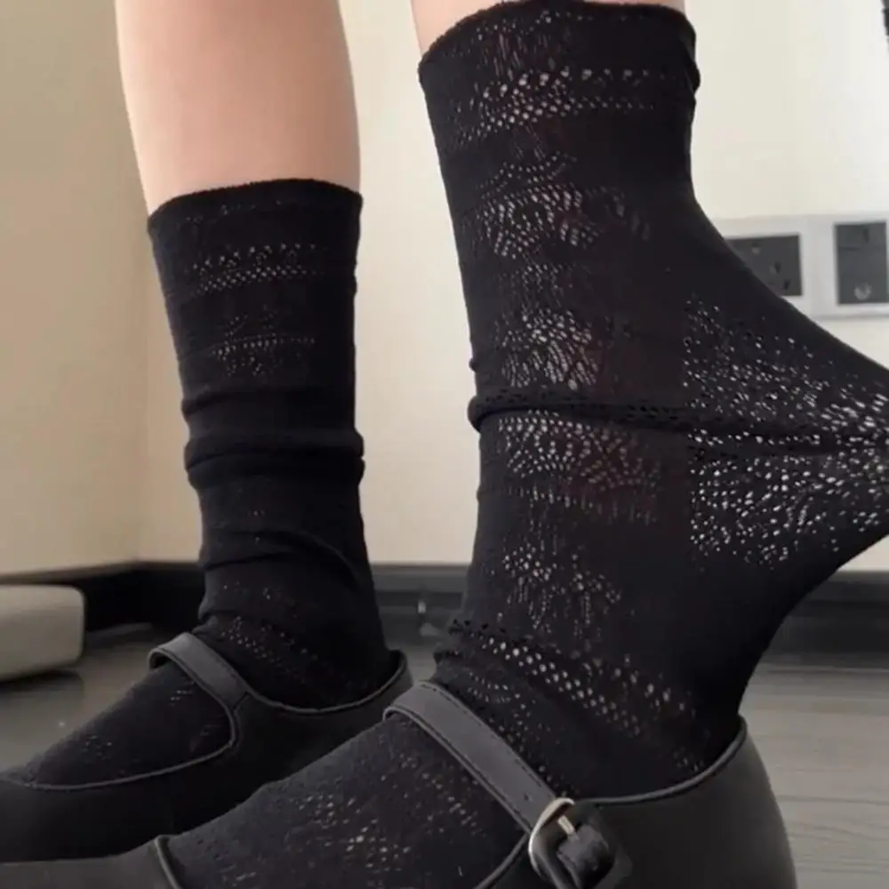 الرجعية زهرة شبكة جوفاء الدانتيل كومة الجوارب طاقم الجوارب الأبيض كومة الجوارب رقيقة النساء السيدات شفافة JK لوليتا الدانتيل الجوارب #4