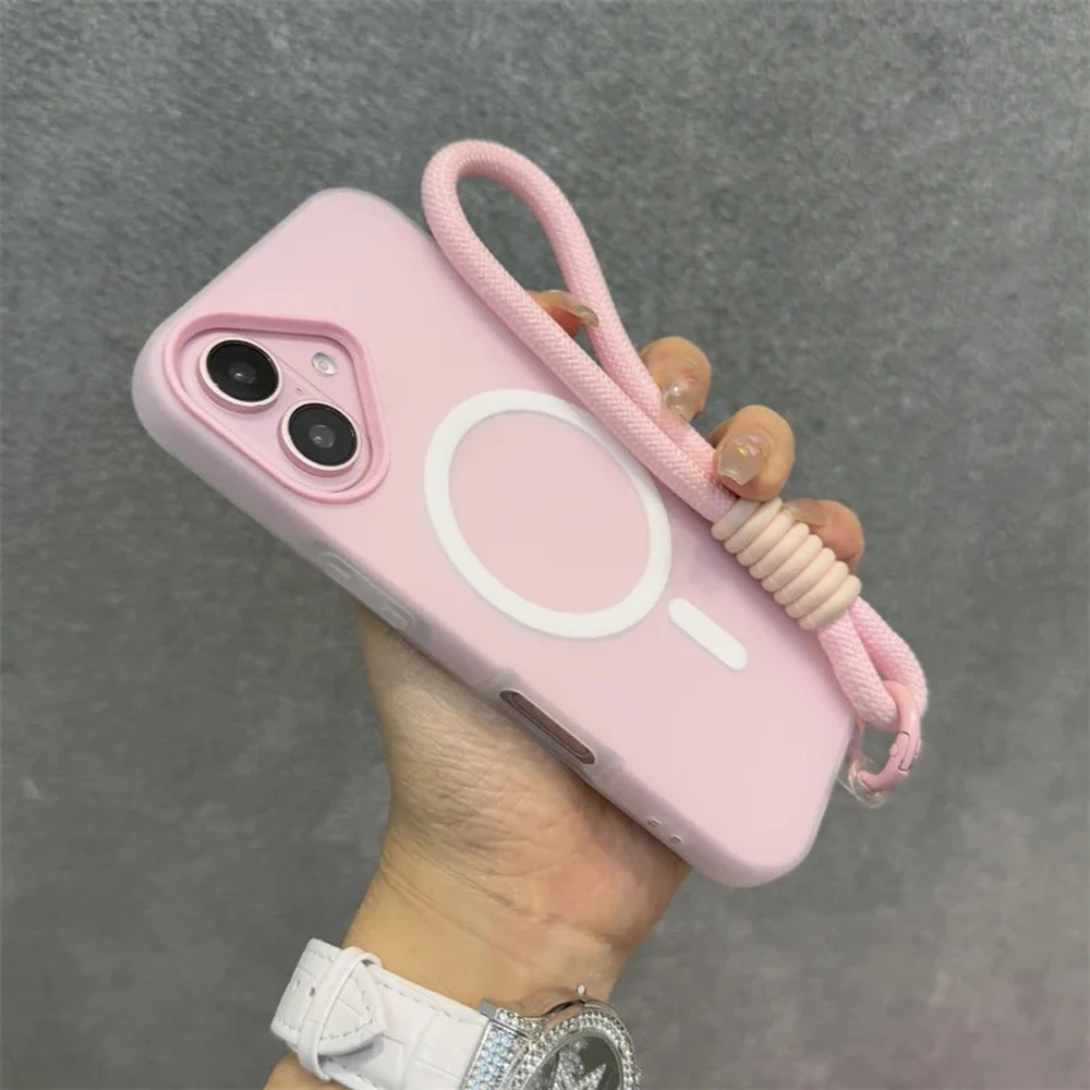 

For Magsafe Candy Color Contrast Lanyard Case For iPhone 16 15 17 Pro Max 14 Plus 11 12 13 16e Hand Wrist Strap Matte Soft Cover