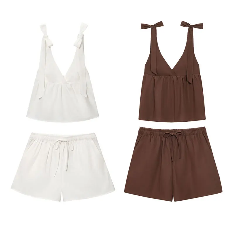 

Женский комплект из двух предметов с лямкой на шее и шортами, новые одинаковые элегантные женские комплекты, наряды для пляжного отдыха, дизайнерский летний костюм 2025