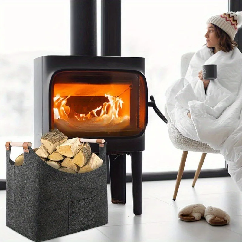 Extra Large Firewood Storage Basket - Foldable Heavy-Duty Felt Wood Carrier with Reinforced Handles, Perfect for Fireplace