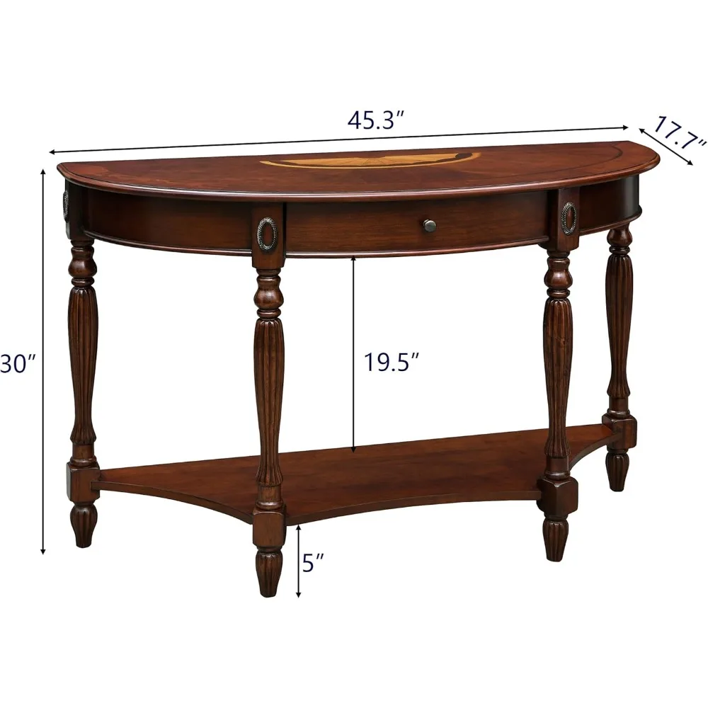 Solid Wood Console Table with Drawer, Semi-Circle Entryway Storage Shelf, Half-Moon Carvings Side Elegant Vintage Sofa