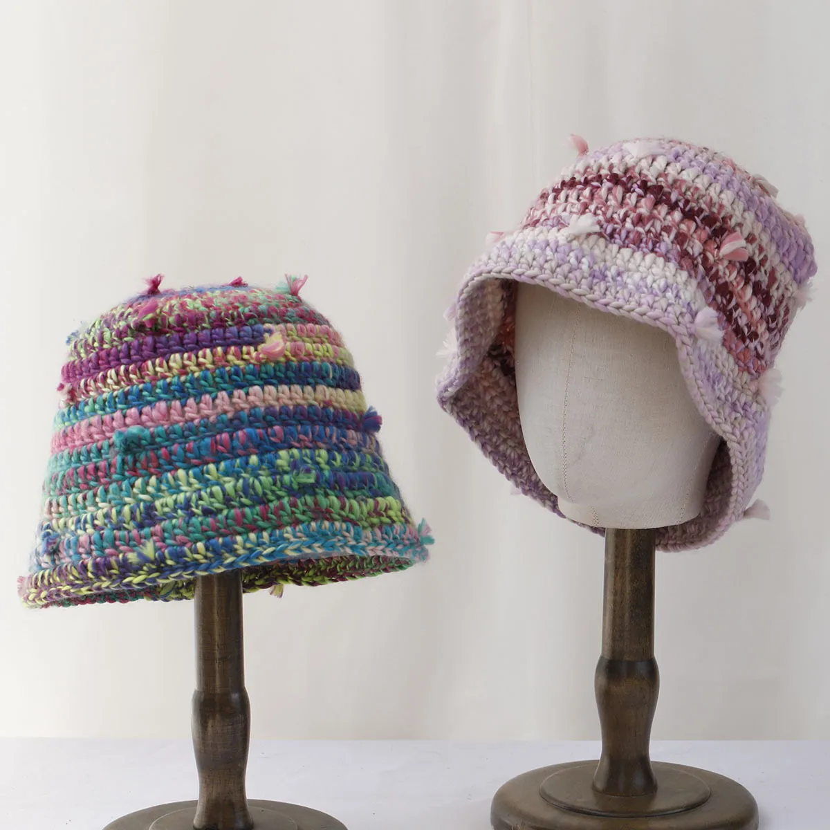 Japanese Retro Color-blocked Striped Woolen Bucket Hat Women Korean Hollow-out Colorful Striped Hand-knitted Bucket Cap for Men