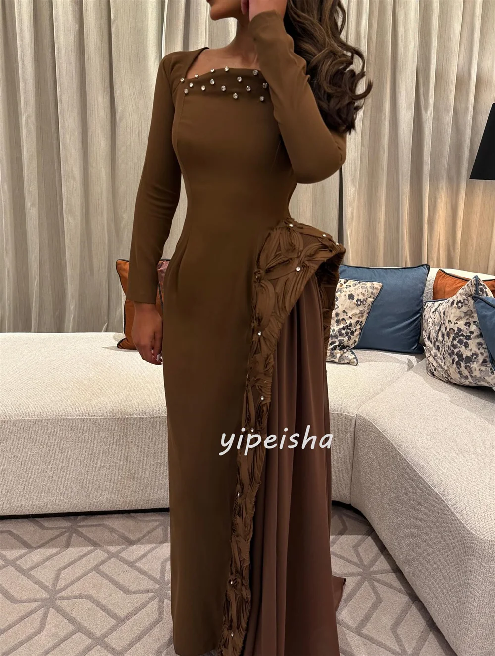 Vestidos largos personalizados de estilo moderno a juego, Jersey plisado con diamantes de imitación, sirena, cuello cuadrado, vestidos para ocasiones a medida, Retro elegante