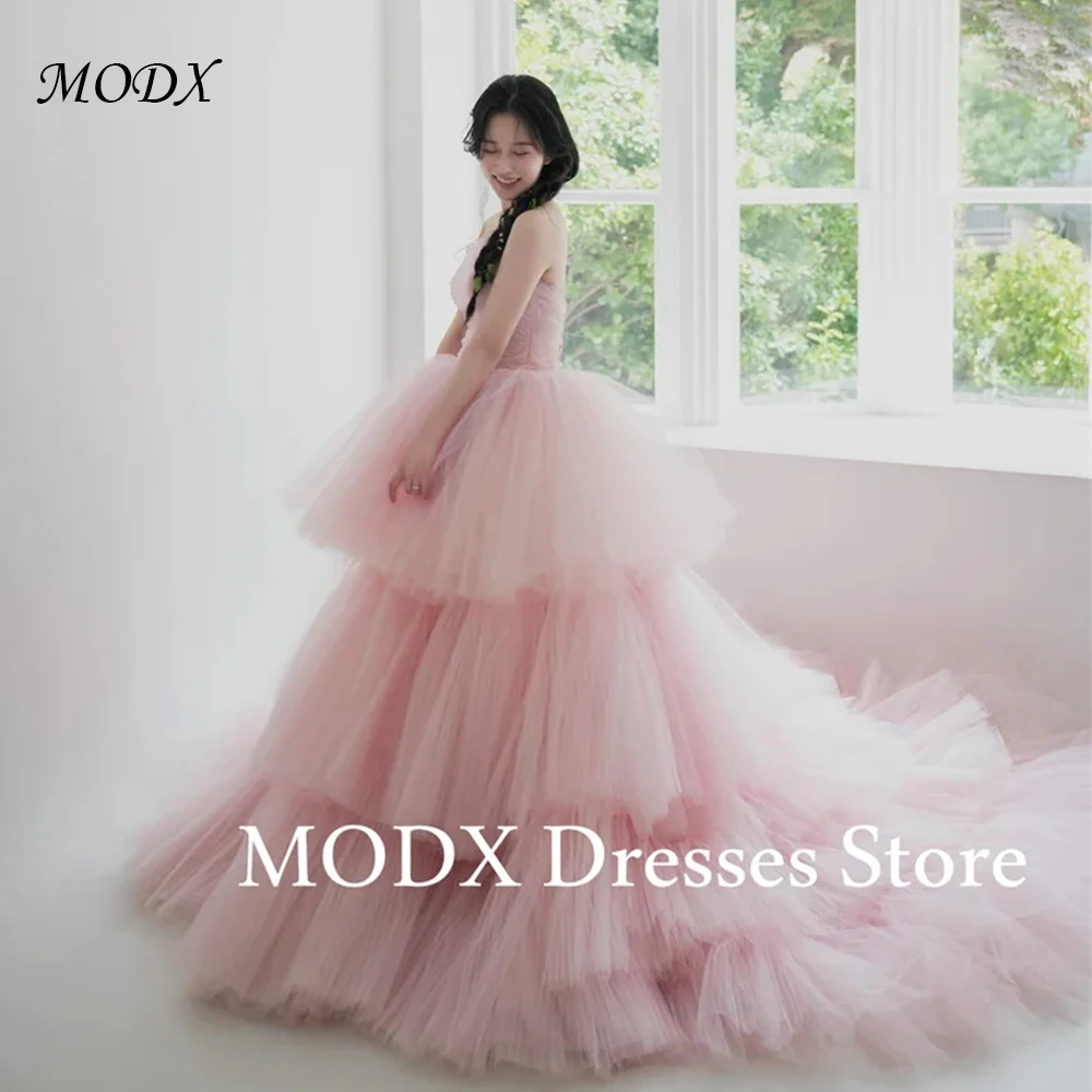 

MODX Розовые вечерние платья сказочной принцессы Корейская фотосессия без бретелек многоуровневое свадебное платье с корсетом на спине по индивидуальному заказу