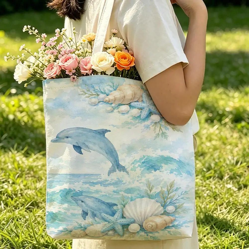 Dolphin Ocean Design Storage Bags Canvas Double-Sided Print Durable Tote Bag Beach Travel Picnic Foldable Eco Handbag