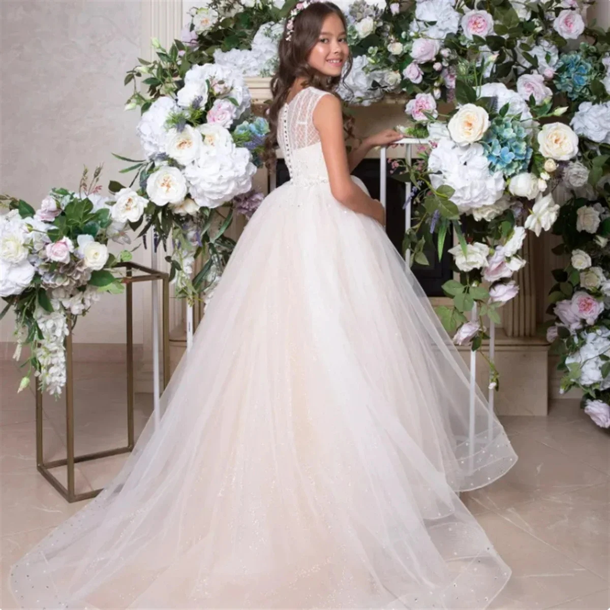 فستان فتاة الزهور أبيض منفوش من التول مطرز بدون أكمام لحفلات الزفاف مخصص على شكل زهرة للأطفال أول فستان حفلة عيد ميلاد إفخارستيا #2
