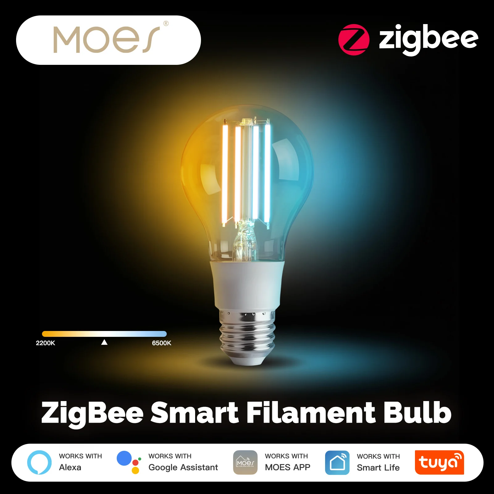 MOES E27 7W ZigBee Tuya Smart LED Filament Bulb 806Lm Adjustable White Dimmable Vintage Style Works with Alexa Google Home App