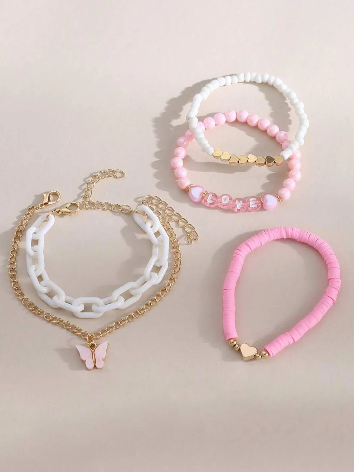 5pcs/Set Pink Style Butterfly & Heart Love Letter Beaded Bracelet Set for Girls Women