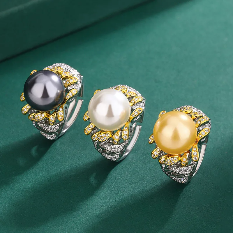

Jewelry Natural French Flower Inlaid Diamond White Index Finger Yellow Shell Pearl Ring