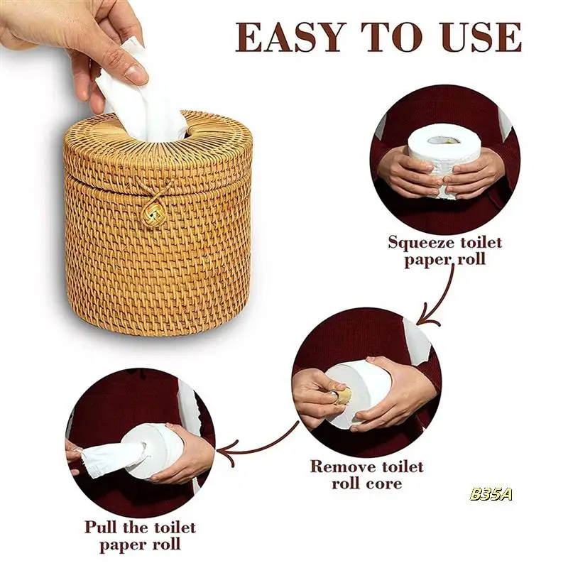 

3X Rattan Tissue Box Toilet Paper Cover Wicker Decorative Holders With Lid