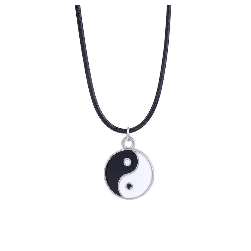 Trend Double Sided Black White Tai Chi Yin Yang Eight Trigrams Pendant Necklaces for Women Leather Rope Collar Girlfriend Gift