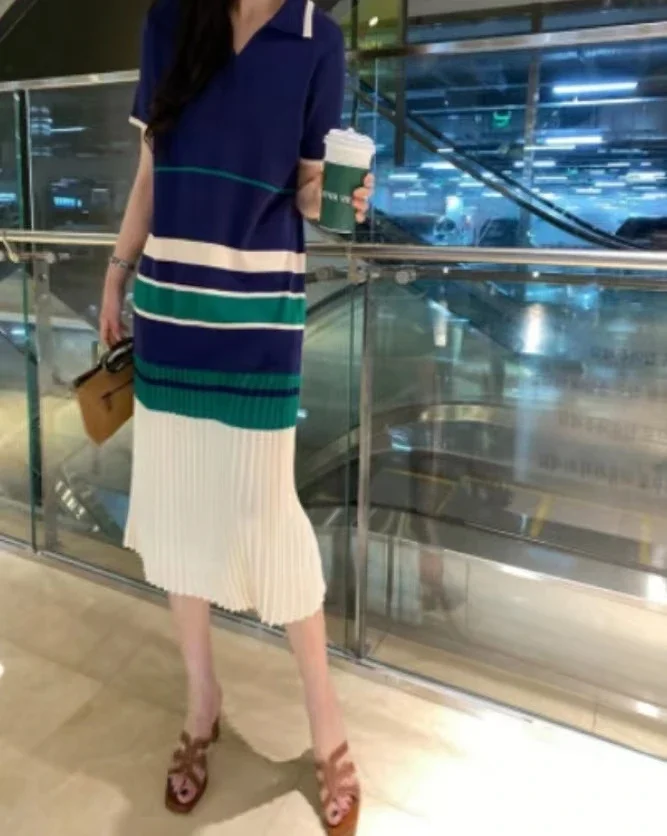 Knitted Ice Silk Summer Dress Women Contrast Color Short Sleeve Casual Loose Pleated Midi Long Dresses Vestidos Korean Fashion