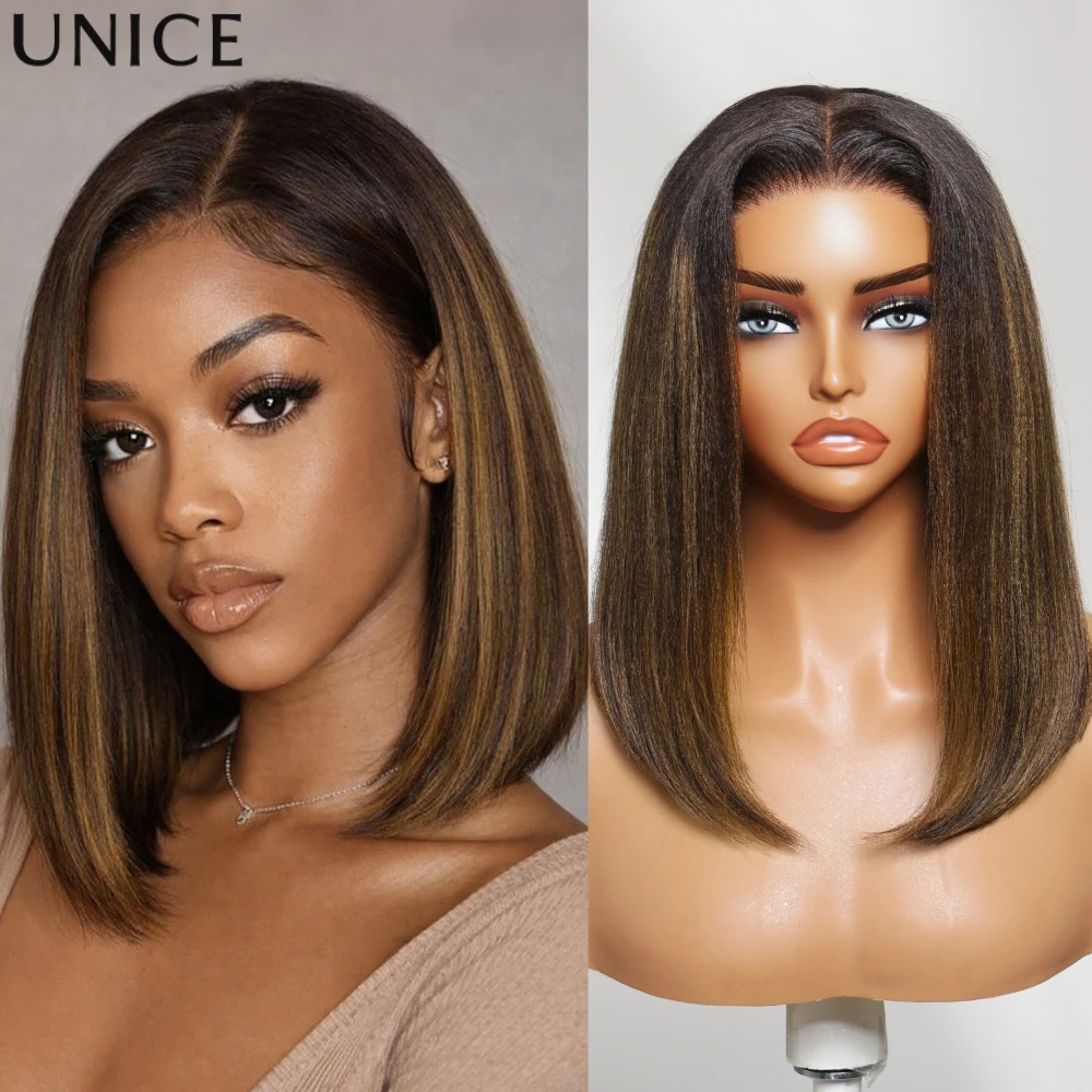 

Парик UNice Balayage Highlight Yaki Straight Bob, 7x5, с кружевной основой, без скользящих элементов, без клея, короткий, из натуральных волос