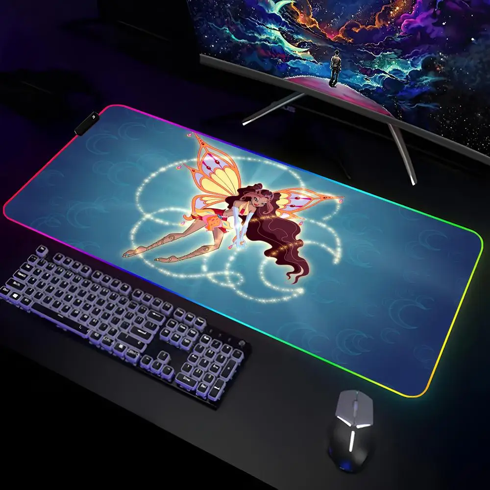 Alfombrilla de ratón para chica Winx Catoon Clubs, alfombrilla de escritorio RGB para Gamer, alfombrilla para teclado, portátiles para videojuegos, alfombrilla LED para ratón, Protector de escritorio, alfombrillas de Anime Mause