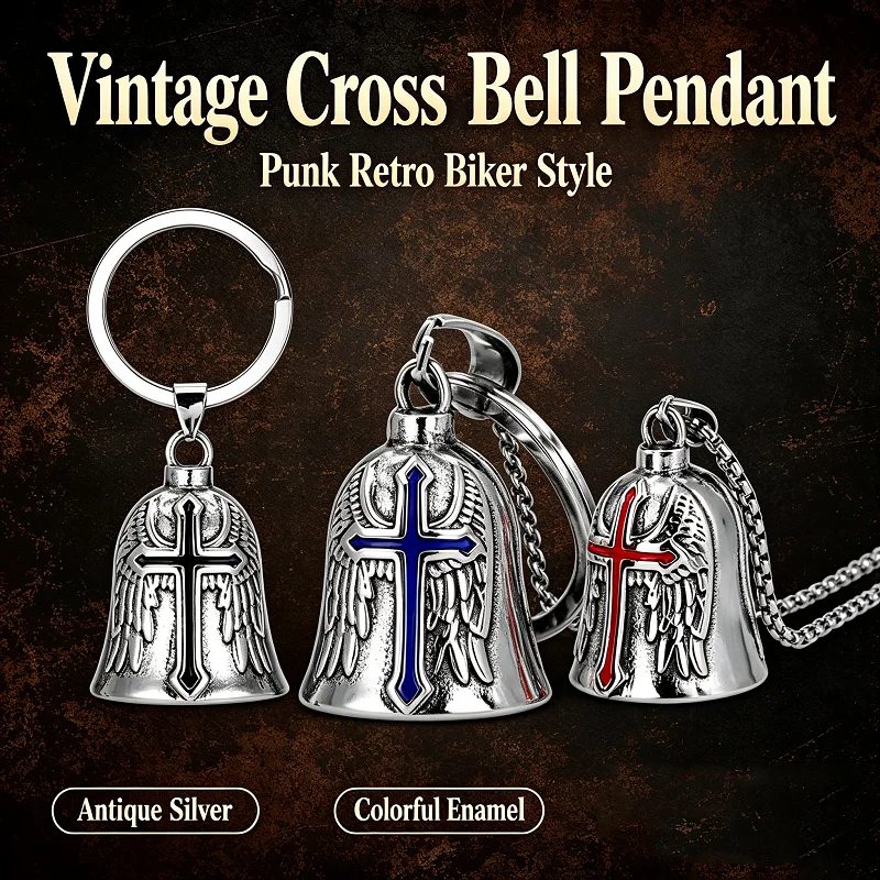 Motorcycle Guardian Bell Keychain Retro Punk Angel Wing Cross Lucky Charm Stainless Steel Metal Pendant Biker Amulet Accessories view 5