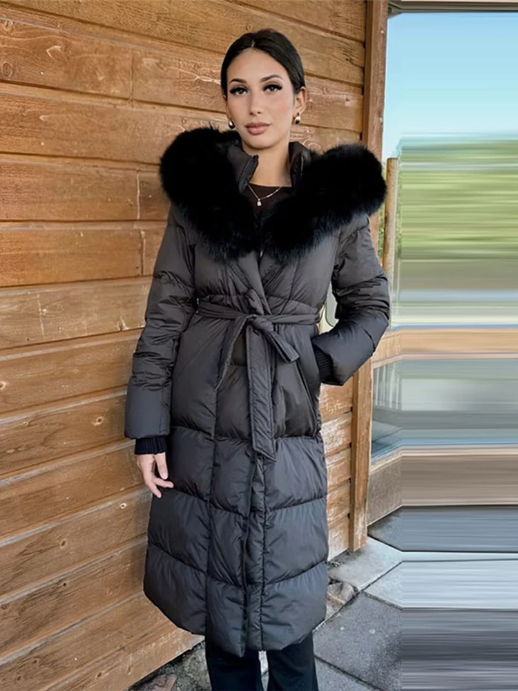 الفراء سترة قطن الشتاء النساء الأسود بطة أسفل السترات خفيفة للغاية الدافئة طويلة سترات الثعلب الفراء طوق الإناث مقنعين معاطف الثلوج