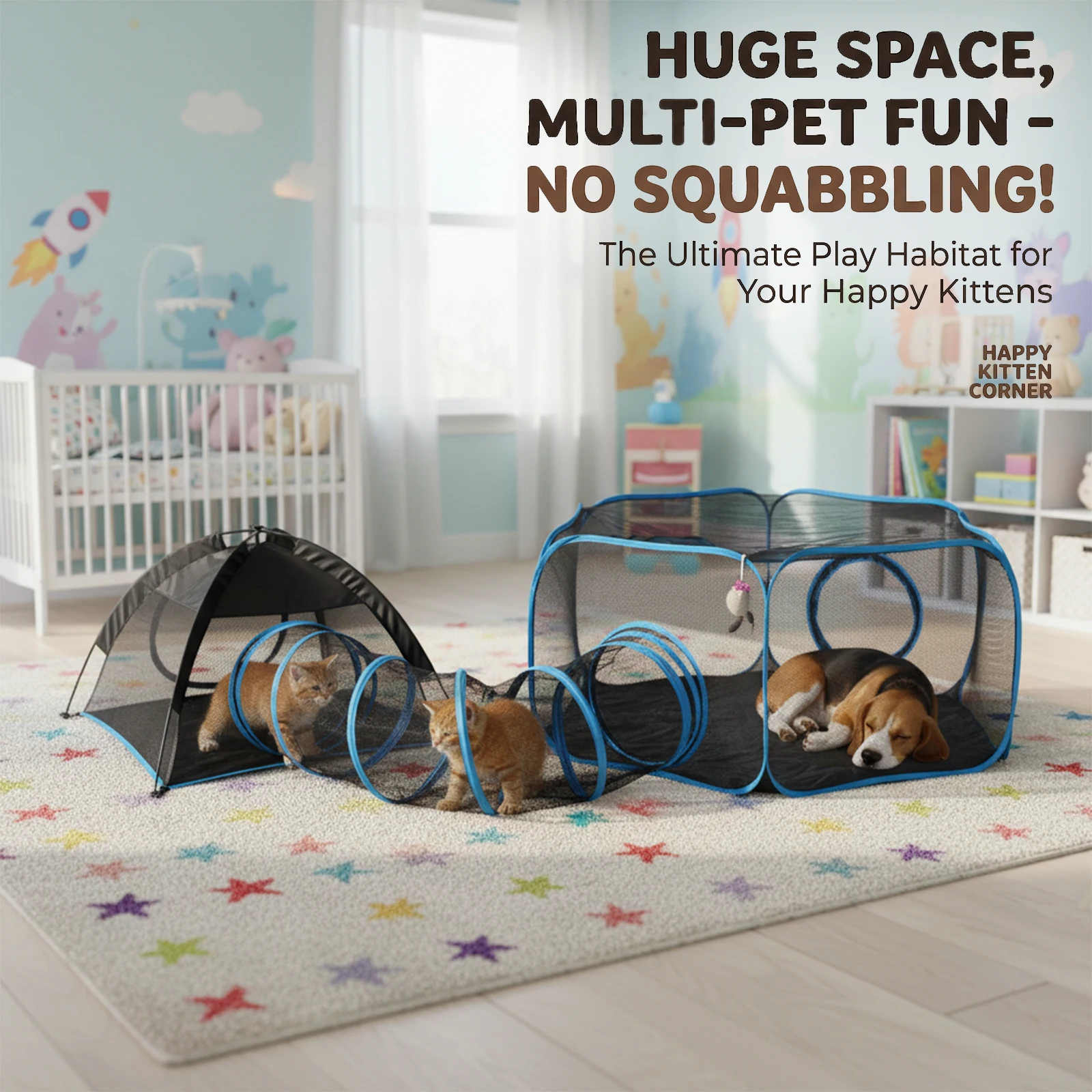 

Портативный сетчатый вольер-домик 3-в-1 для животных с туннелем, для использования в помещении и на улице, простая установка, для кошек и мелких животных