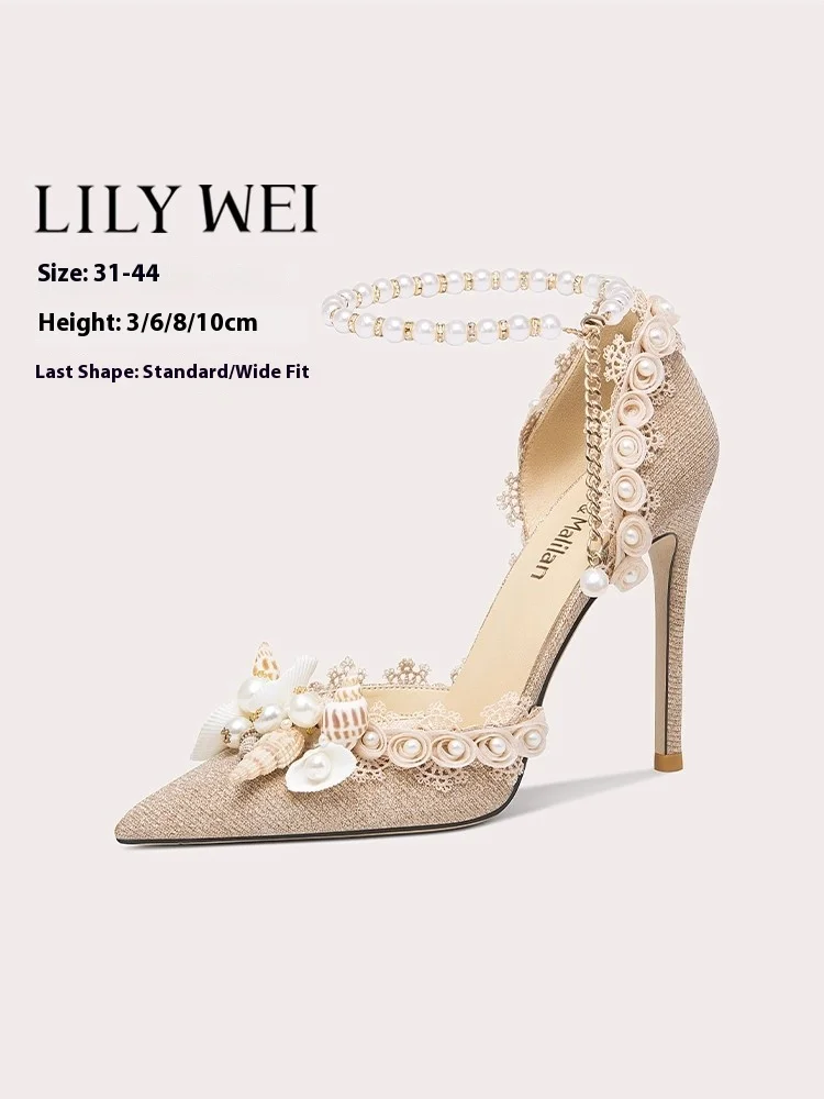 

Сандалии на шпильке, новые летние заостренные полые шелковые сандалии с блестками и жемчужным цветком, банкетные большие размеры, расширенная женская обувь маленького размера