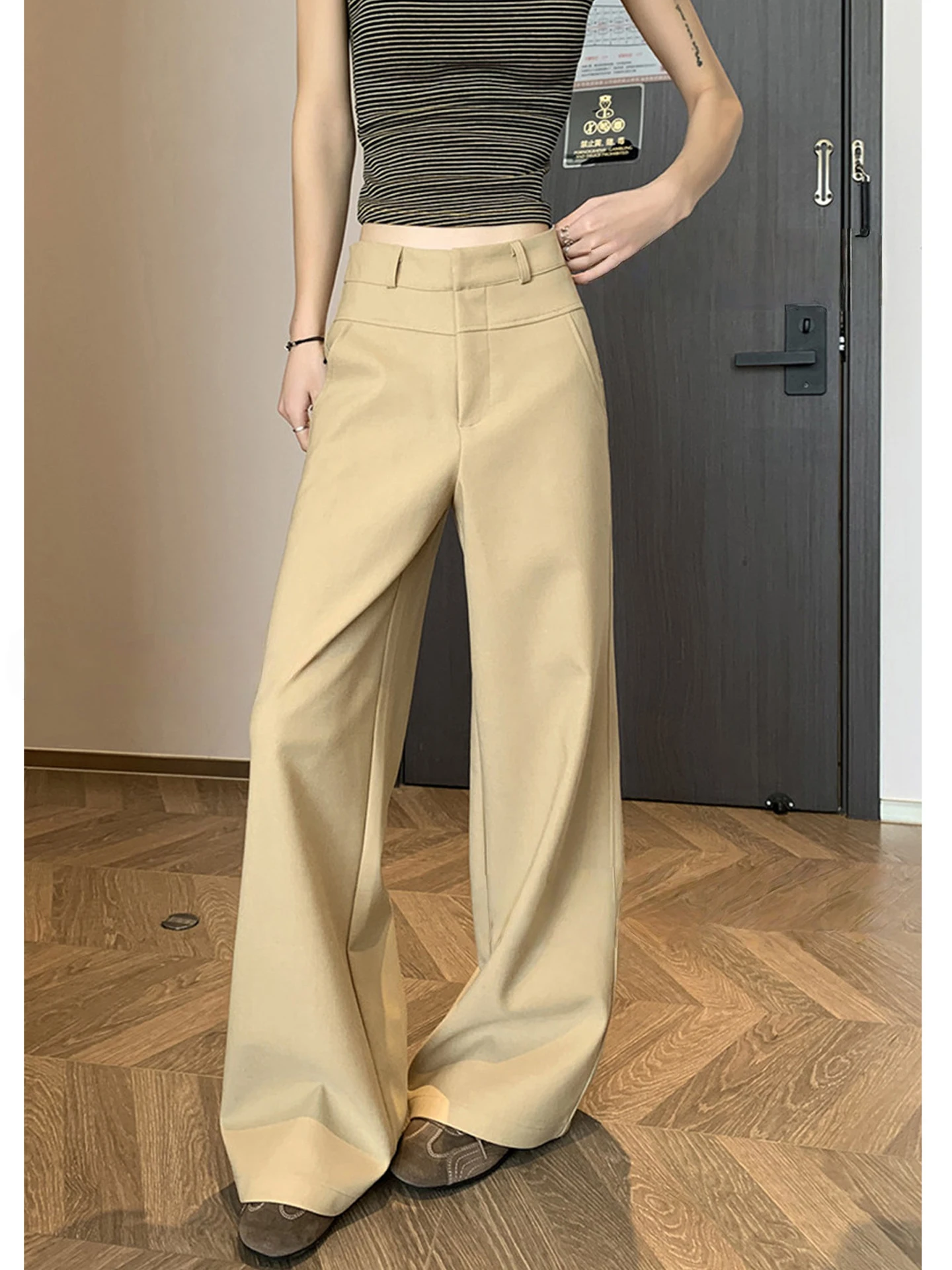Khaki High Waist Wide Leg Suit Pants Women Summer New Style Drape Slimming Casual Small Size Commute Straight Long Pants