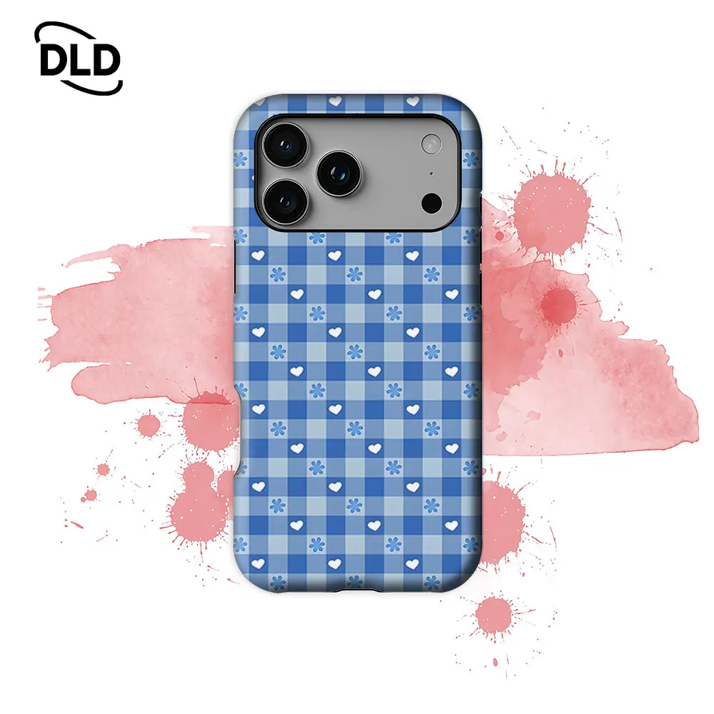 Funda Magnética Resistente para iPhone 18 17 16 15 14 13 12 Pro Max Plus, Diseño de Flores y Corazones en Gingham Azul, Capa Simple o Doble, Moderna