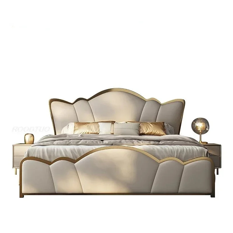 Cama de Metal fácil de usar, juego de muebles de dormitorio de lujo tamaño King, colchón de alta gama, mesita de noche, cama doble con cajones