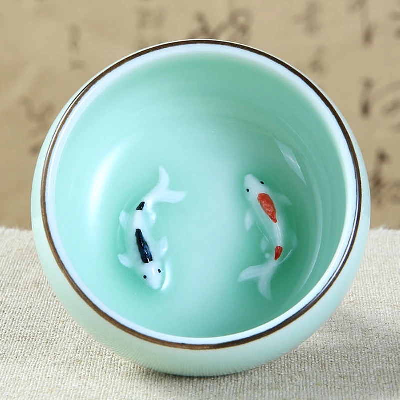 45ml/80ml Handpainted Ceramic Embossed Double Carps Teacup Longquan Celadon 3 Foots Fish Luohan Vintage Personal Cups Green Blue