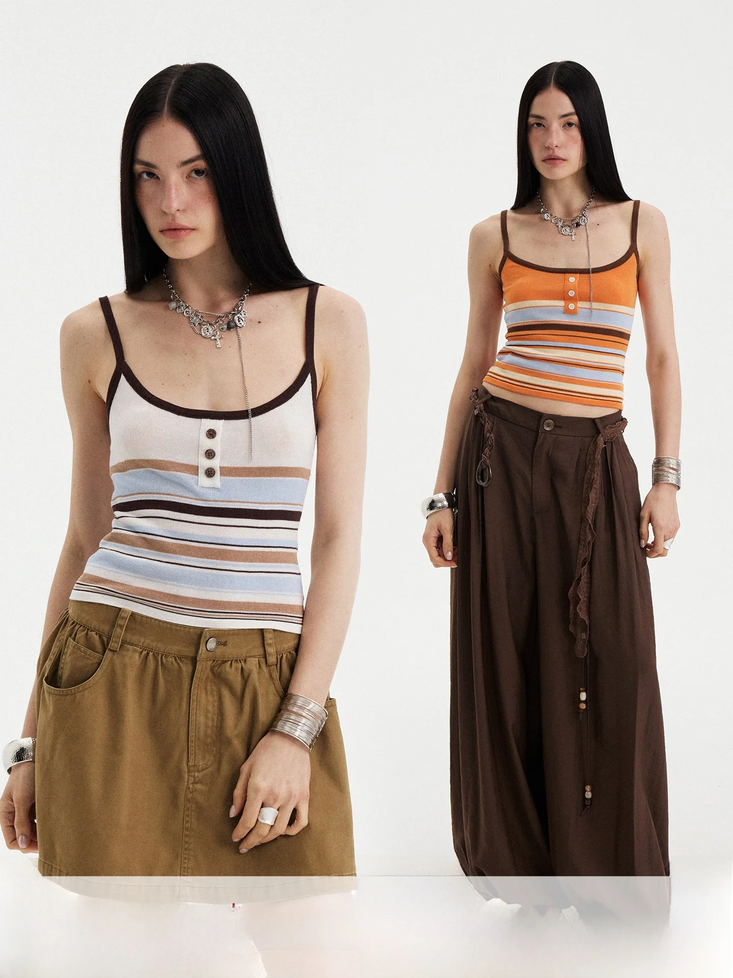 DIDDI MODA Women's Slim Fit Striped Knitted Vest Summer Outerwear Orange Coffee Color Strapless Tank Top New 2026