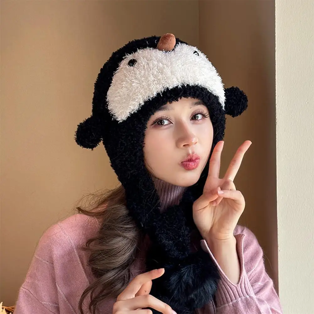 Czapka damska na zimę z motywem pingwina, chroniąca uszy, uniwersalna, ciepła, wkładana przez głowę, dzianinowa czapka beanie.