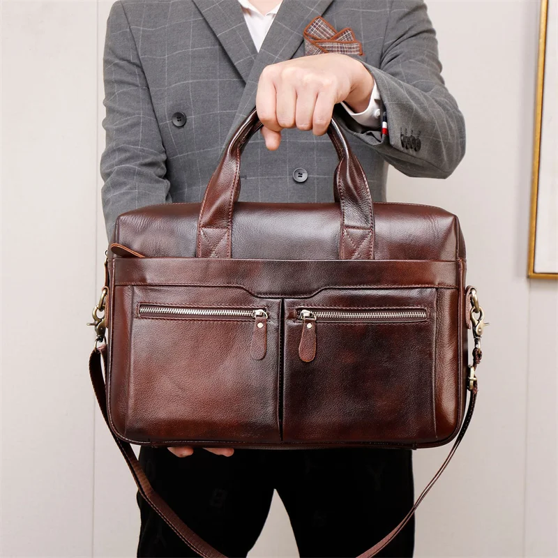 ธุรกิจหนังวัวแท้กระเป๋าเอกสารขนาดใหญ่ความจุ Man กระเป๋าแล็ปท็อปหนังแท้ Multifunctional ชาย Tote หรือกระเป๋าสะพาย
