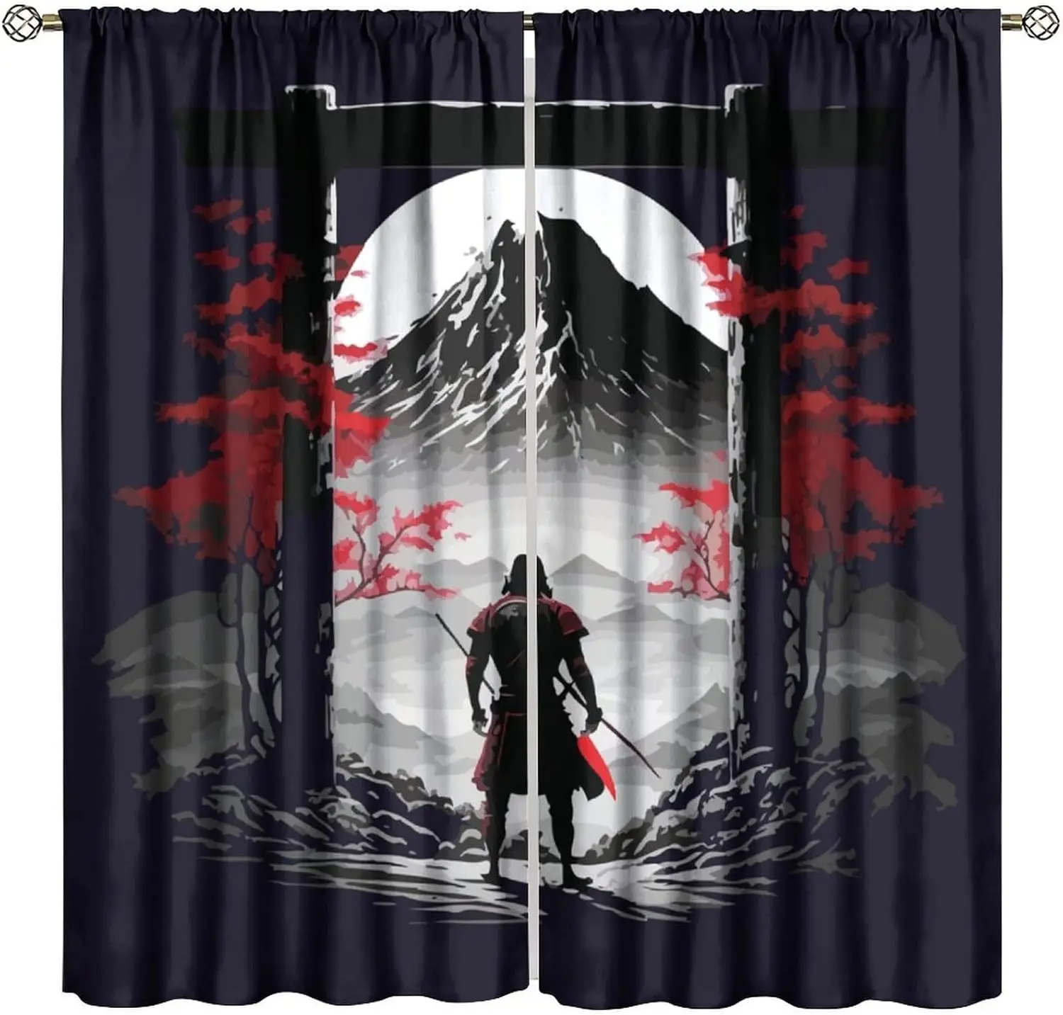 Japanese Anime Samurai Windows Curtains Asian Samurai Red Leaves Rod Pocket Window Treatment for Living Room Bedroom Home Decor