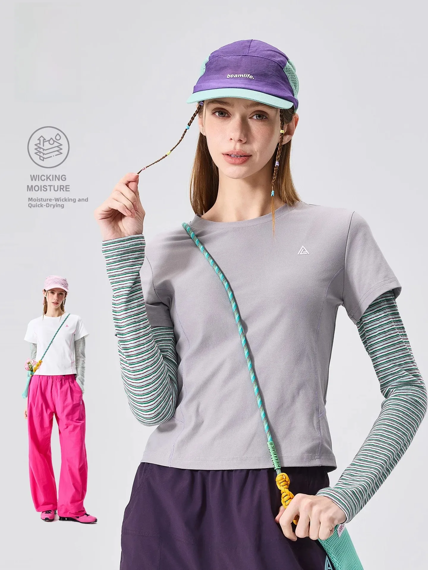 LAZY DAY Outdoor Quick Dry Long Sleeve T-Shirt Women's Autumn Winter Stripe Patchwork Sports Shirt Standard Fit Polyester