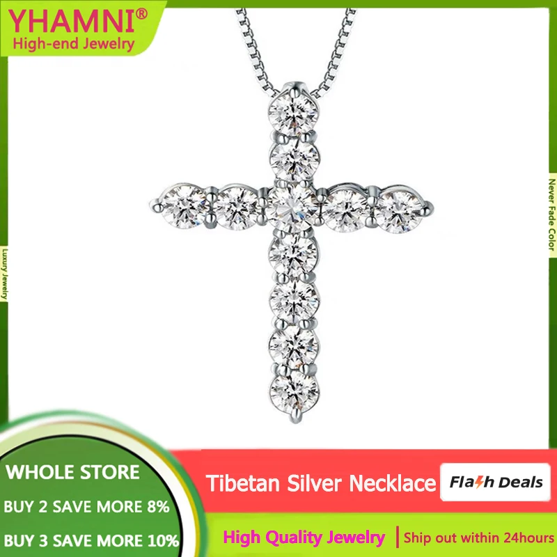 YHAMNI Fashion Women Crystal Zircon Cross Pendant Necklace for Women Girl White Tibetan Silver Chain Necklace Punk Party Jewelry