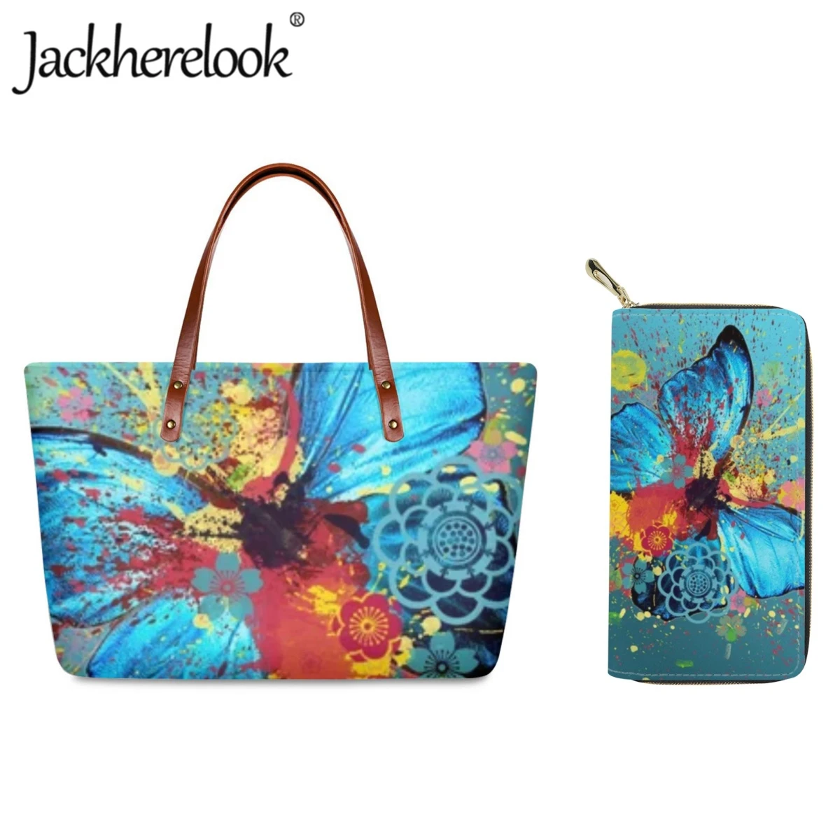 Jackherelook Fashion Girl Handbags Trend Art Butterfly Pattern Printing Tote Bag for Women Customized Shoulder Bag Wallet Sets