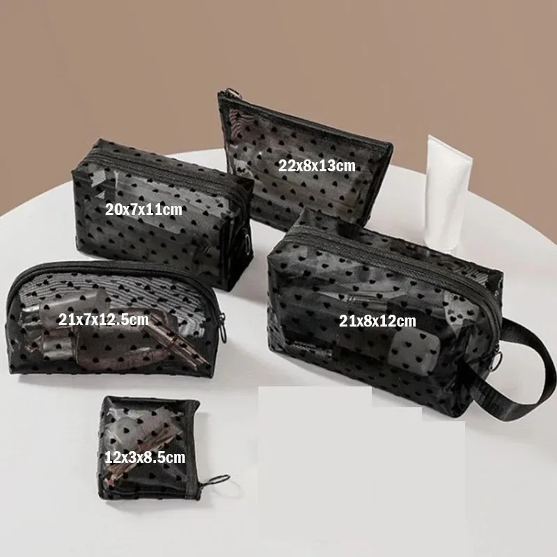 ハート透明メッシュ化粧バッグ多機能ポータブル女性化粧品収納ポーチ女性トイレタリー口紅オーガナイザーバッグ