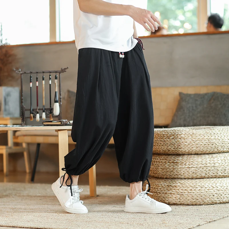 

2022 Green Loose Trousers Streetwear Cotton And Linen Blue East Style Tai Chi 5xl Shaolin Monk Clothing Zen Bloomers Ankle Pants
