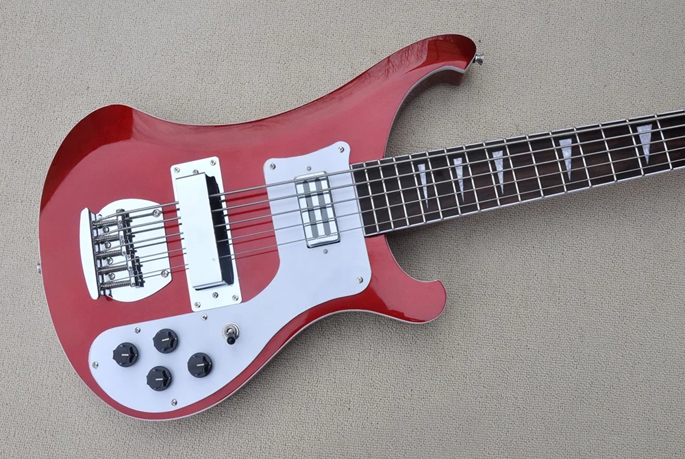 5 Strings Metallic Red Electric Bass Guitar with 22 Frets,White Pickguard,Rosewood Fretboard