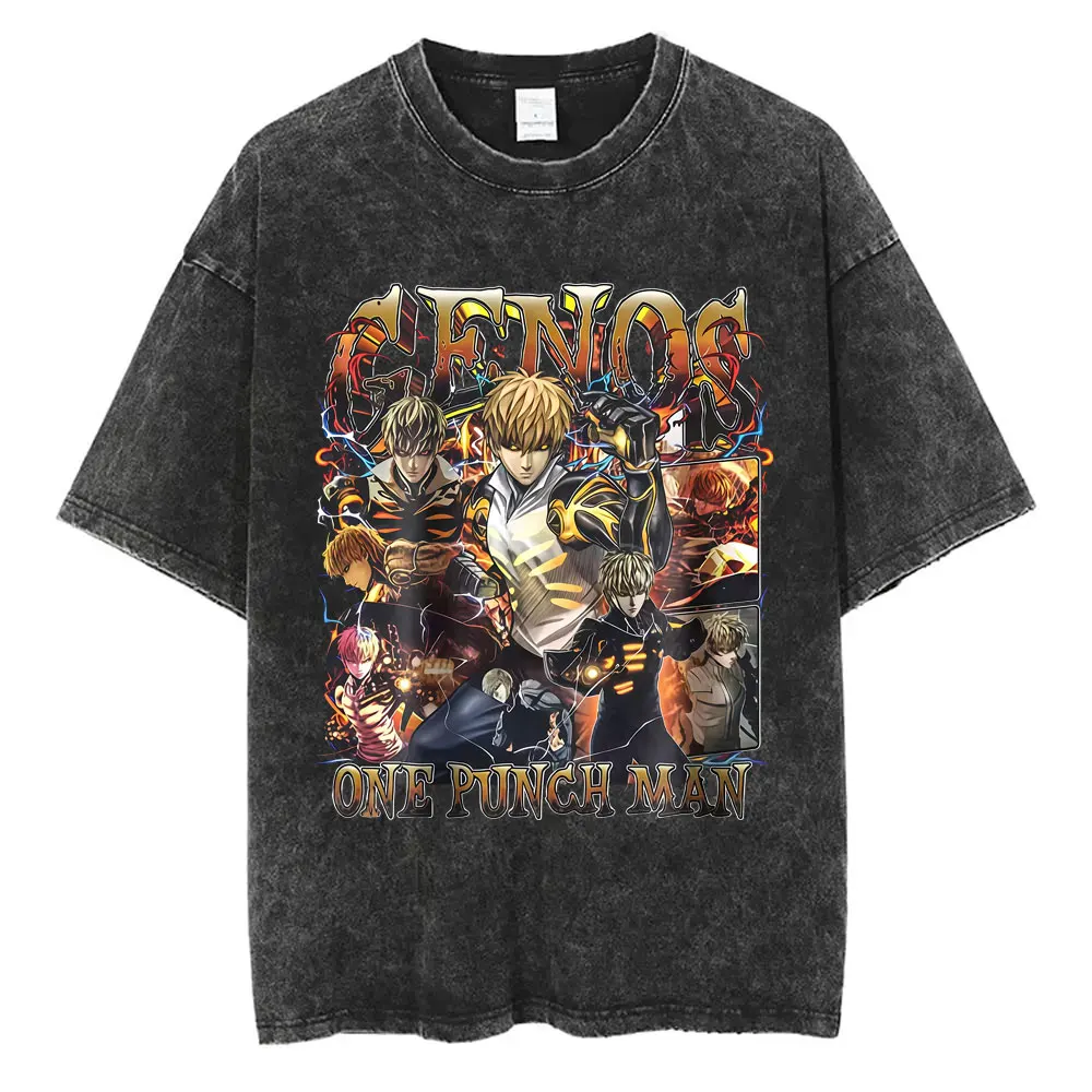 

Washed Vintage Anime One Punch Man Genos Graphic T-shirt Men Women Casual Oversized T-shirts Male Cartoon Manga Merch T Shirts