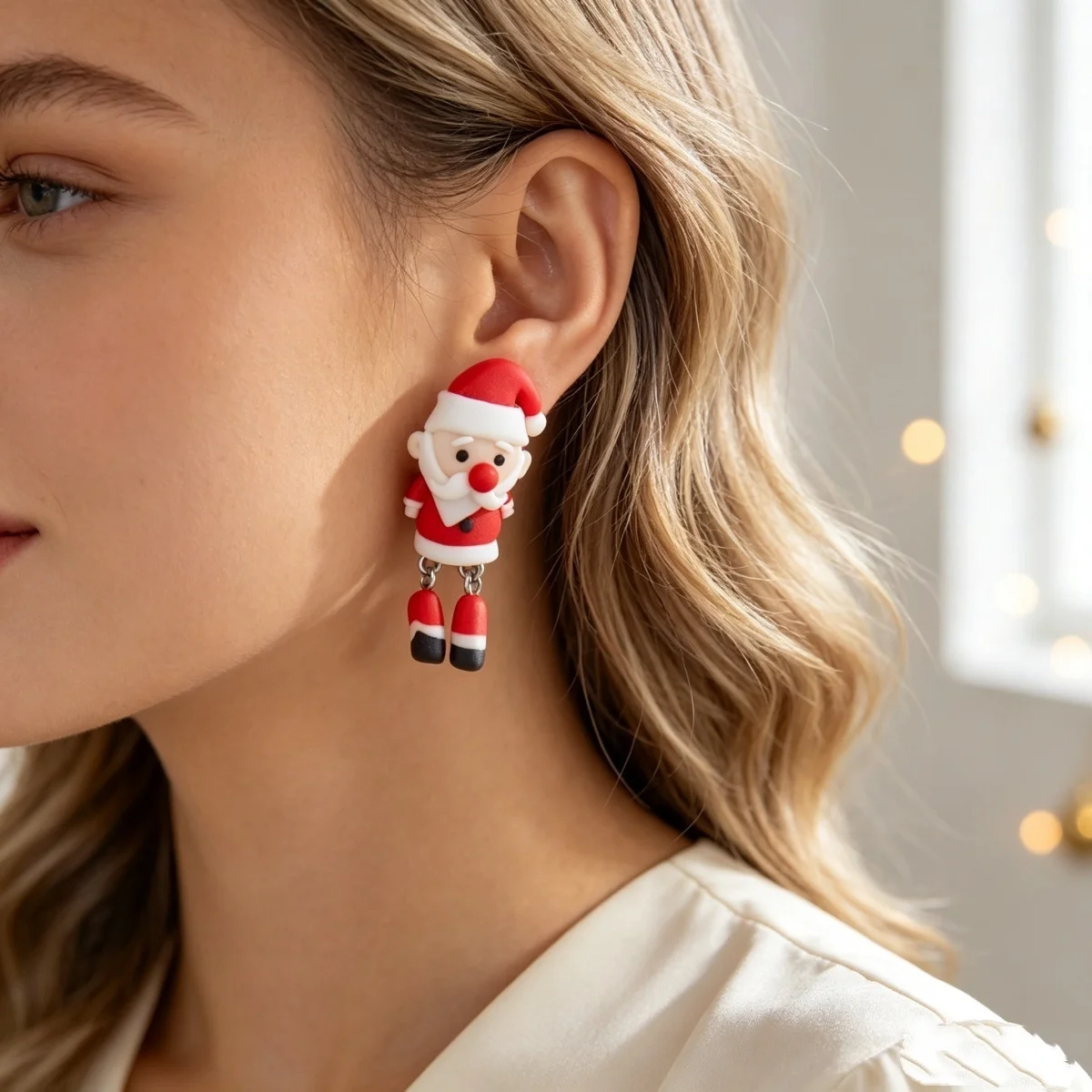 Modische Ohrstecker aus weichem Ton mit Weihnachtsmann-Motiv für Damen, exquisite Weihnachtsmann-Ohrringe aus Kunstharz, Neujahrsparty-Schmuck – Detail 11