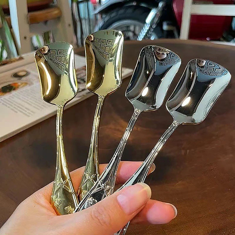 17 Cm Flat Bottom Spoon Stainless Steel Square Dinner Spoons Stirring Spoon Long Handle Drink Spoon For Ice Cream Dessert