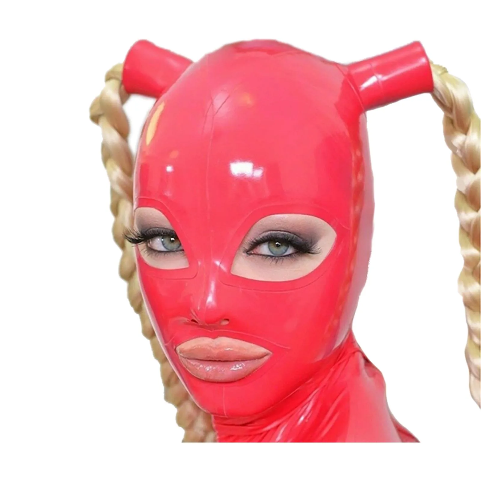 

MONNIK Pink Latex Hood Unisex Mask with Double Blond Ponytail Wigs and Rear Zipper Handmade for Fetish Catsuit Cosplay Halloween