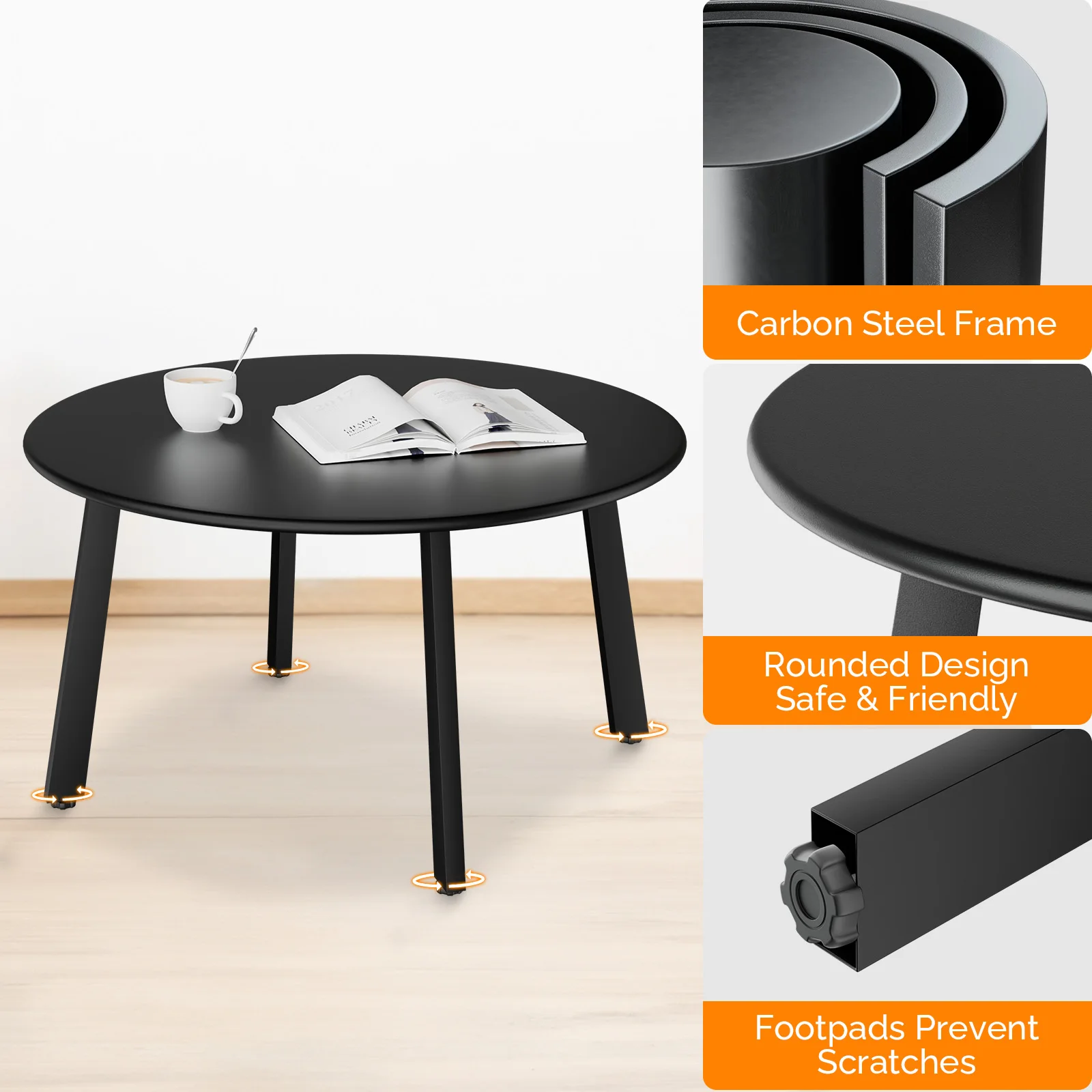 طاولة قهوة للفناء، طاولة مستديرة خارجية من الفولاذ المعدني، طاولة جانبية للفناء من الفولاذ المقاوم للطقس، باللون الأسود