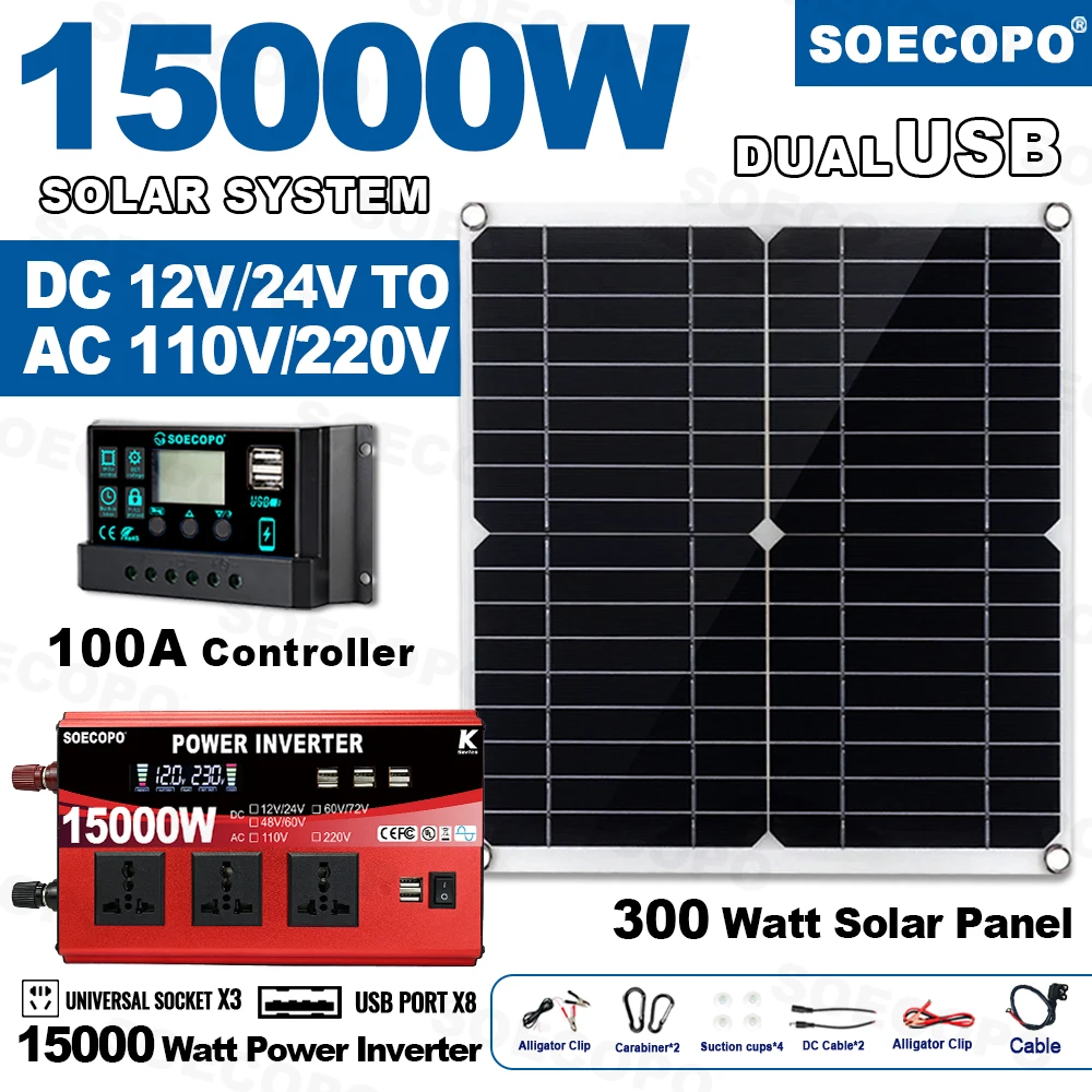 

SOECOPO 15000W 3 Universal Sockets 8 USB Ports Solar System Kit 300W Solar Panel Dual - Voltage Input Inverter 100A Controller