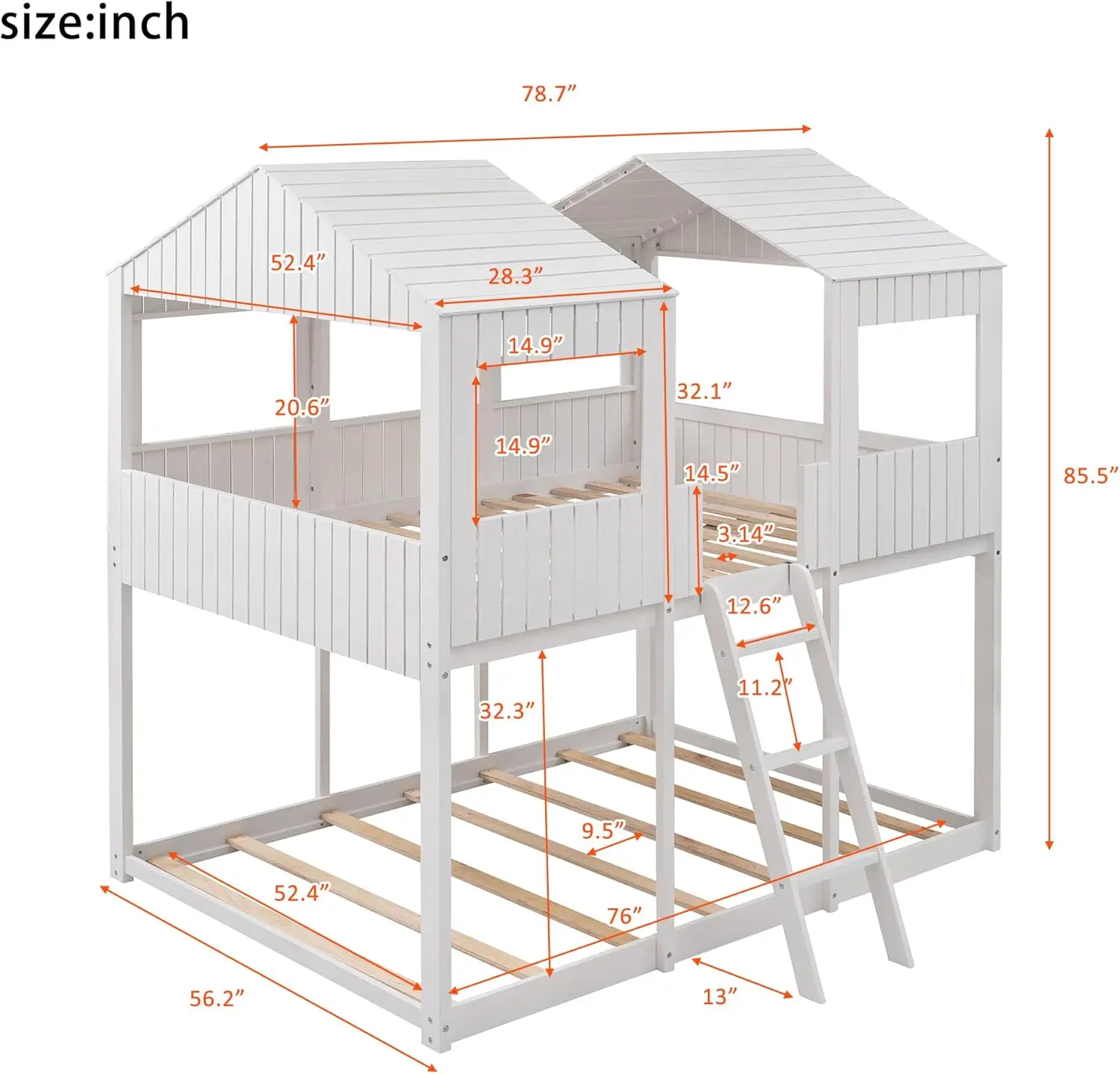 Spacious Bunk Bed with Playhouse Design, Rustic Wooden Frame with Roof and Window, Sturdy Guardrails and Built-in Ladder,