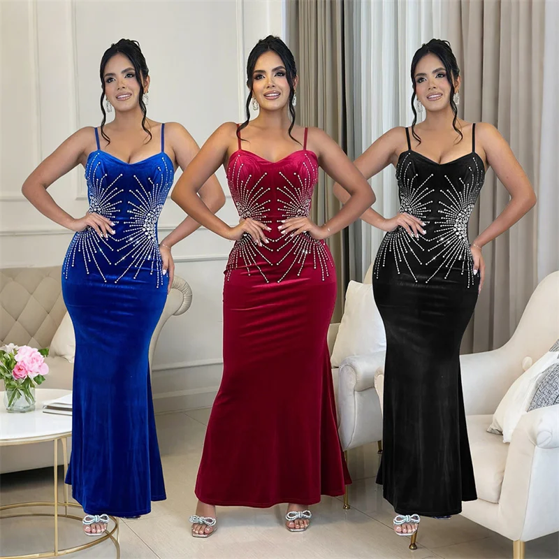 Sexy Spaghetti Strap Velvet Maxi Dresses Women Evening Sparkly Rhinestones Diamonds Slim Night Club Party Prom Dress Robe Femme
