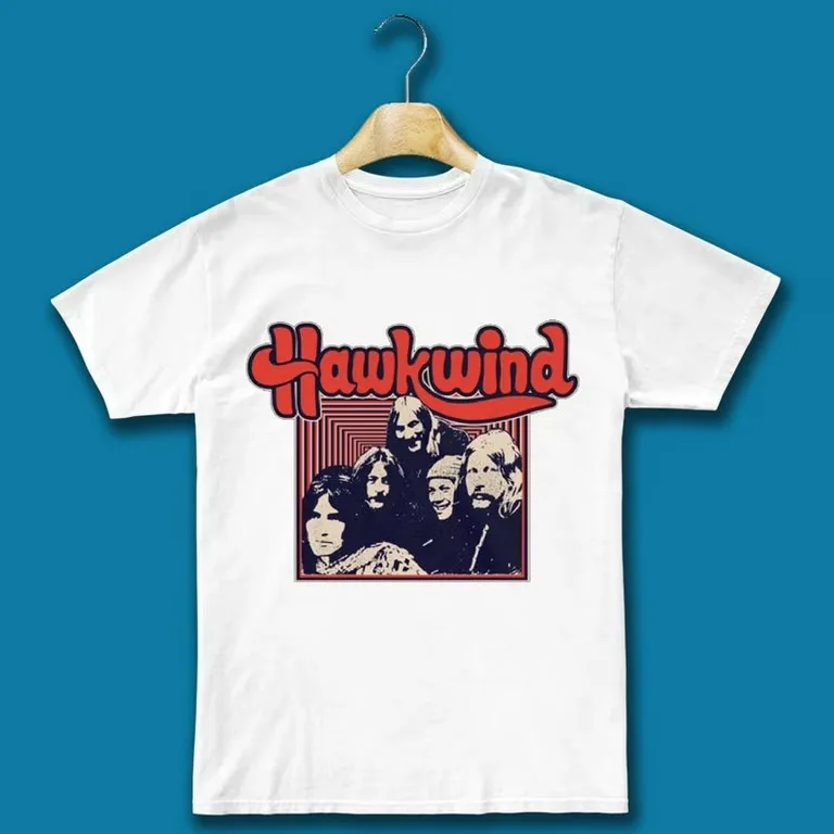 تي شيرت Hawkwind Band Members من القطن الثقيل باللون الأبيض بالحجم الكامل للرجال C168