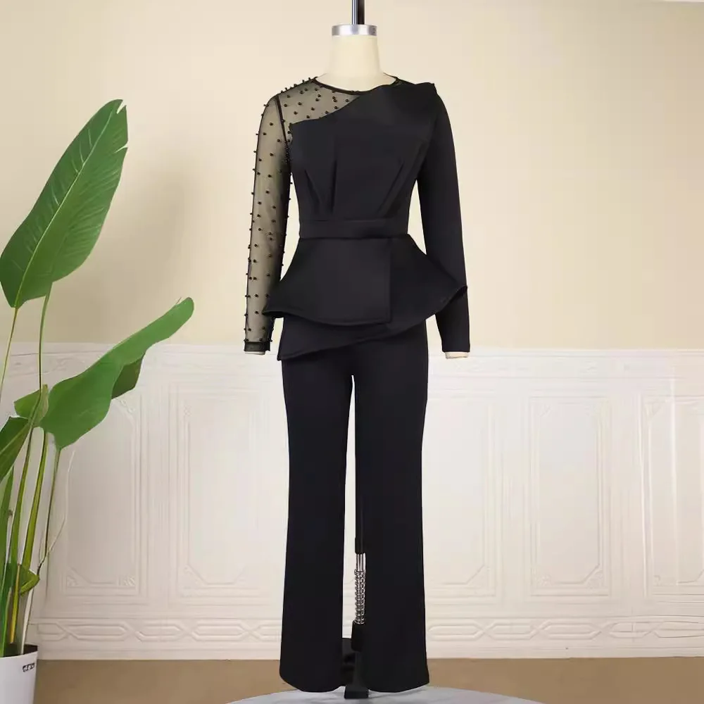 

Women Jumpsuit Vintage Beaded Long Sleeve Patchwork Mesh One Piece Romper Beading Elegant Party Birthday Event African New