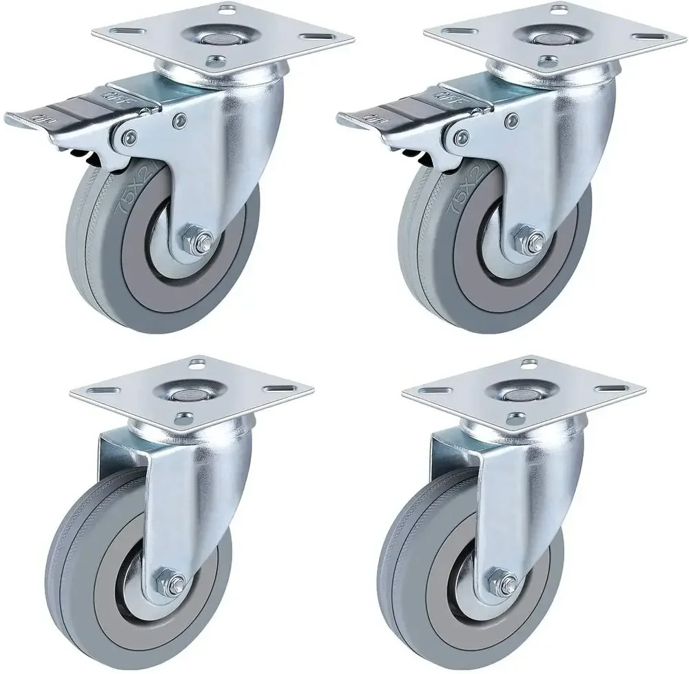 Fixkit Ø75mm Set of 4 Transport Rollers,with Brake, Swivel Castors, Heavy-duty Castors, Fixed Castors Load Capacity 150KG